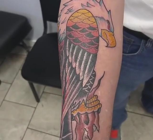 Right Forearm Colored Eagle Tattoo On Forearm by Jon Hanna