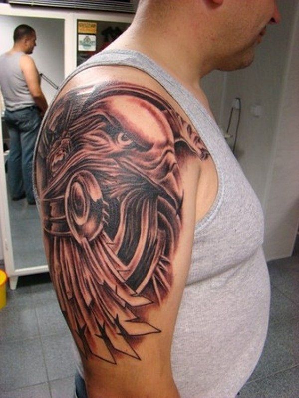 Right Shoulder Grey And Black Eagle Tattoo For Men