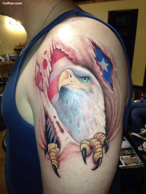 Ripped Skin American Eagle Tattoo On Left Shoulder