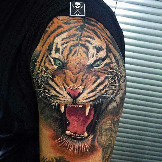 Roaring Tiger Head Tattoo On Left Shoulder