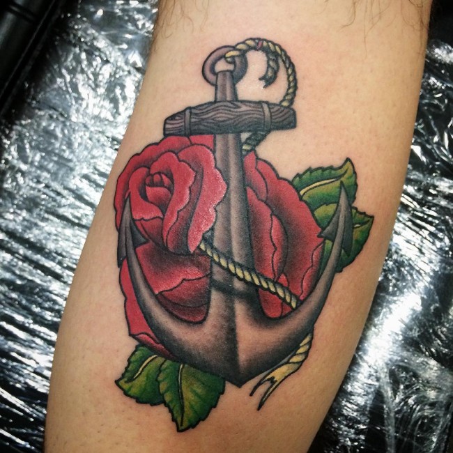Rope Anchor With Rose Flower Tattoo
