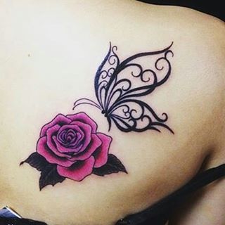 Rose Flower and Tribal Butterfly Tattoo On Right Back Shoulder