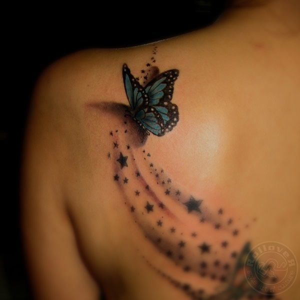 Shooting Stars and Cute Butterfly Tattoo On Left Back Shoulder