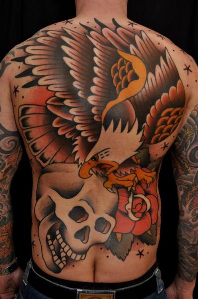 Skull And Traditional Eagle Tattoo On Full Back