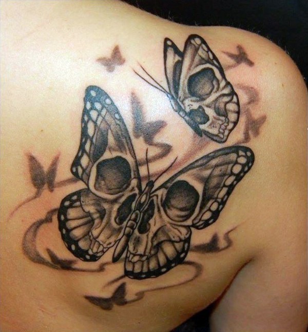 Skull In Butterfly Tattoo On Right Back Shoulder