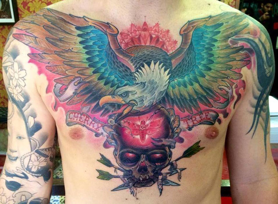Skull With Pierced Arrows And Eagle Tattoo On Chest for Men