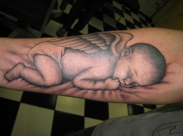 Sleeping  Baby Angel Miscarriage Tattoo on arm