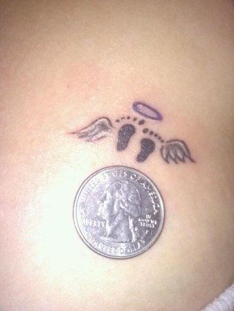 Small Miscarriage tattoo - Little baby feet with angel wings and holy halo