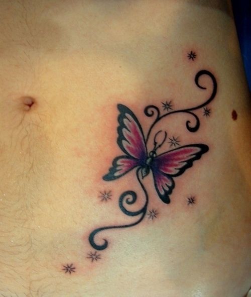 Small Sparkling Stars And Butterfly Tattoo On Hip