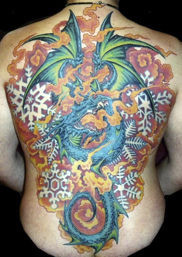 Snow Flakes And Dragon tattoo On Full Back