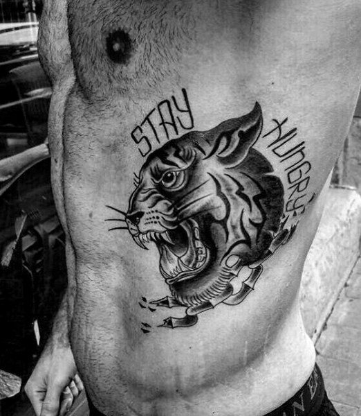 Stay Hungry Tiger Head Tattoo On Side Rib