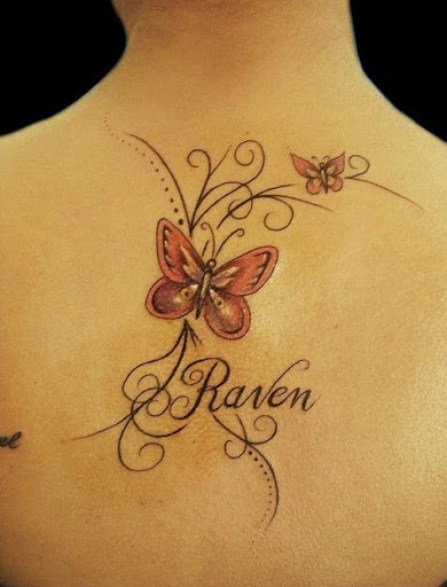 Swirl Butterfly Tattoo On Upper Back