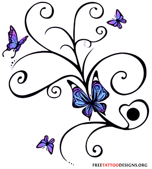 Swirl Design And Blue Butterflies Tattoos Design