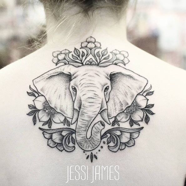 Swirl Flowers and Elephant Head Tattoo On Upper Back by Jessi James