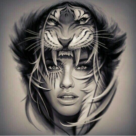 Tiger Head Native Girl Tattoo Design