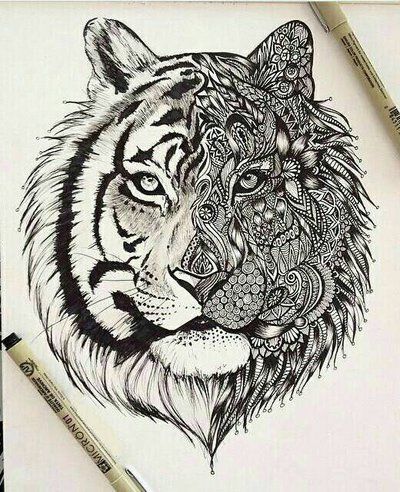Tiger Head With Half Mandala Face Tattoo Design