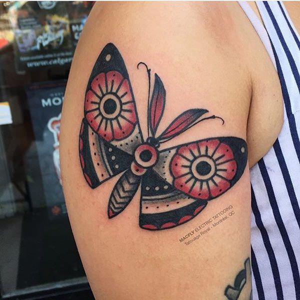 Traditional Butterfly Tattoo On Right Shoulder