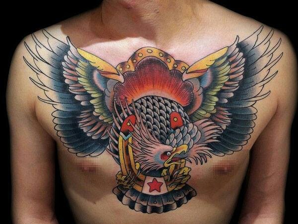 Traditional Colored Flying eagle Tattoo On Chest For Men