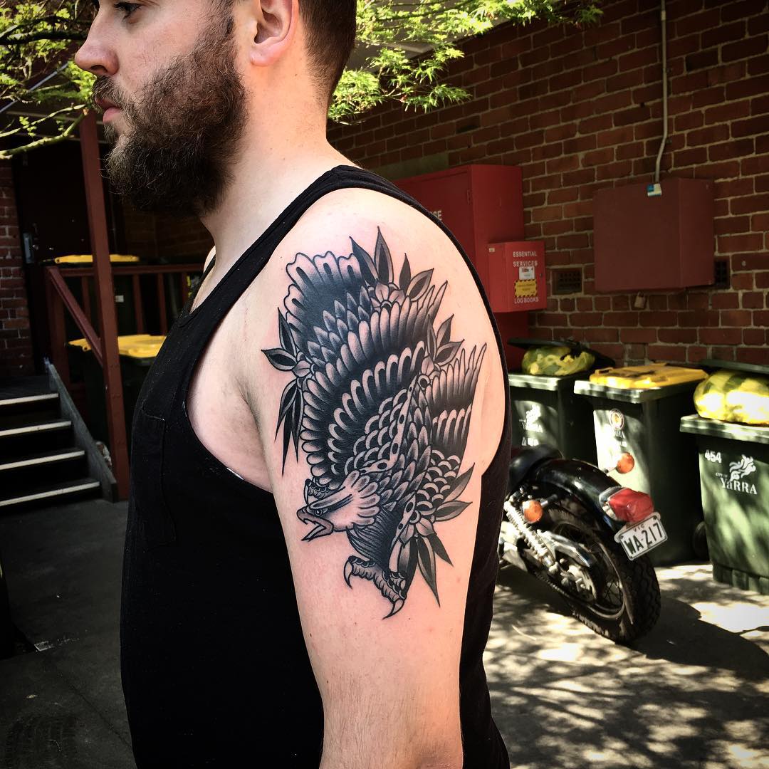 Traditional Flying Eagle Tattoo On Left Shoulder