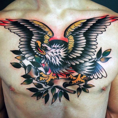 Traditional Flying Eagle Tattoo On Man chest