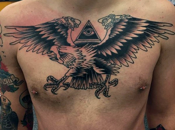 Triangle Eye and Flying Eagle Chest Tattoo