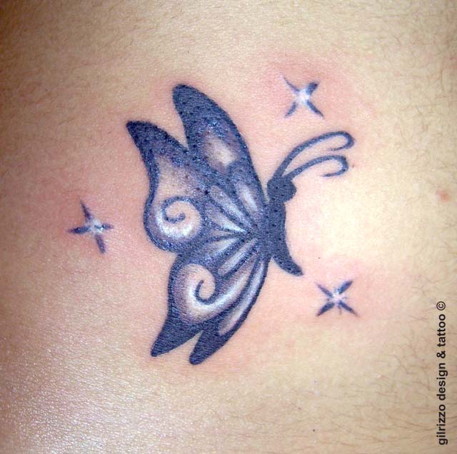 Twinkling Stars And Flying Butterfly Tattoo