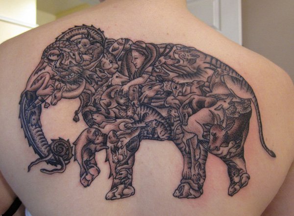 Upper Back Grey Ink Elephant Tattoo