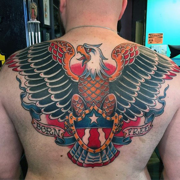 Upper Back Patriotic Eagle Tattoo For Men