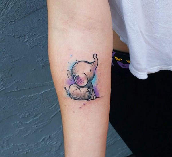 Watercolor Baby Elephant Tattoo On Forearm