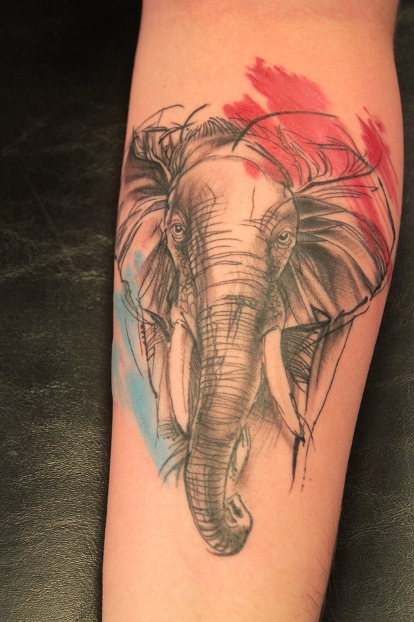 Watercolor Elephant Head Tattoo On Leg