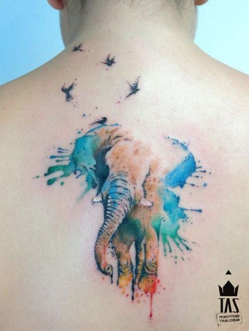 Watercolor Elephant Tattoo On Man Upper Back