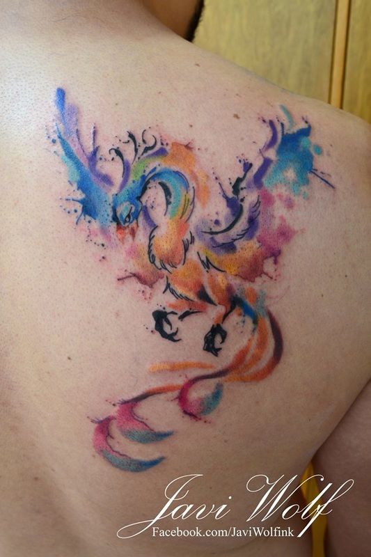 Watercolor Flying Phoenix Tattoo On Right Back Shoulder by Javi Wolf