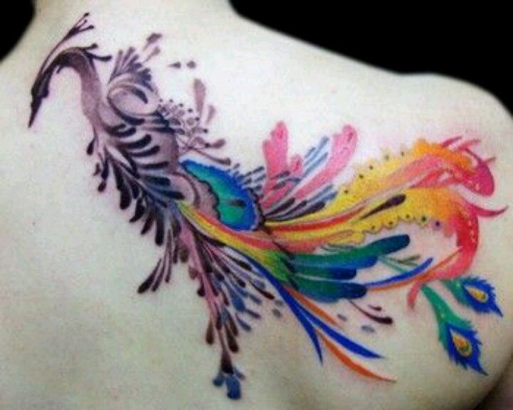 Watercolor Phoenix Tattoo On Upper Back