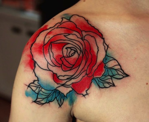 Watercolor Rose Flower Tattoo On Man Right Shoulder by Lorenzo Loreprod Anzini