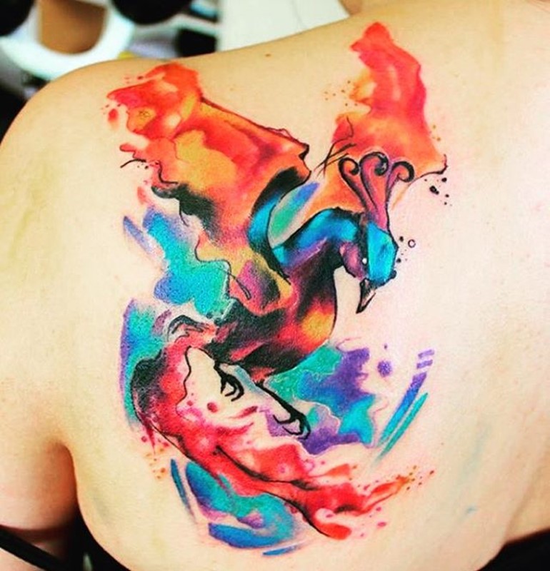 Water colored Phoenix Tattoo On Left Back Shoulder