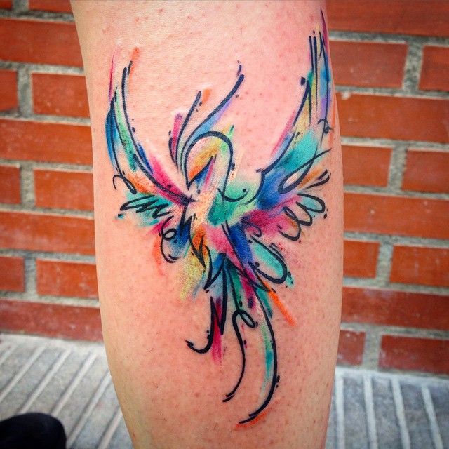Watercolors Flying Phoenix Tattoo On Side Leg