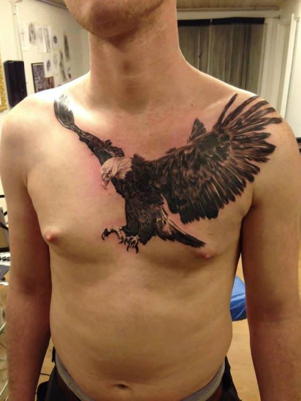 White And Black Flying Eagle Tattoo On Chest