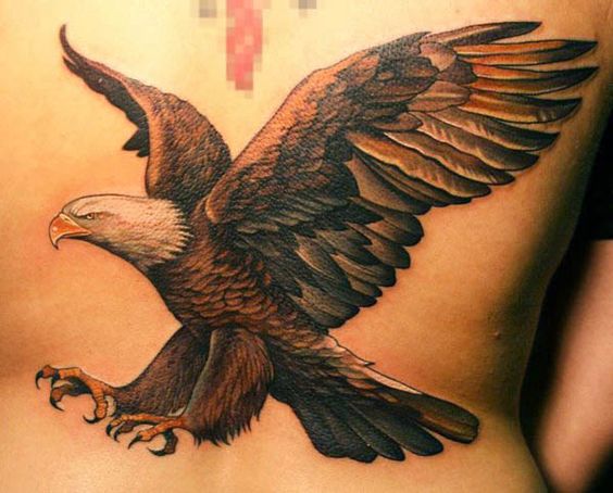 White And Black Ink American Flying Eagle Tattoo On Back