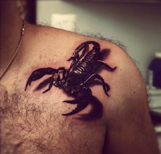 3D Black Scorpion Tattoo On Man Front Shoulder