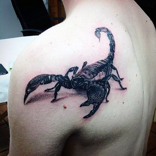 3D Scorpion Tattoo On Man Left Back Shoulder