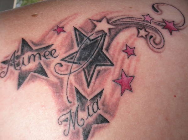Aimee Mia Shooting Stars Tattoo On Back Shoulder