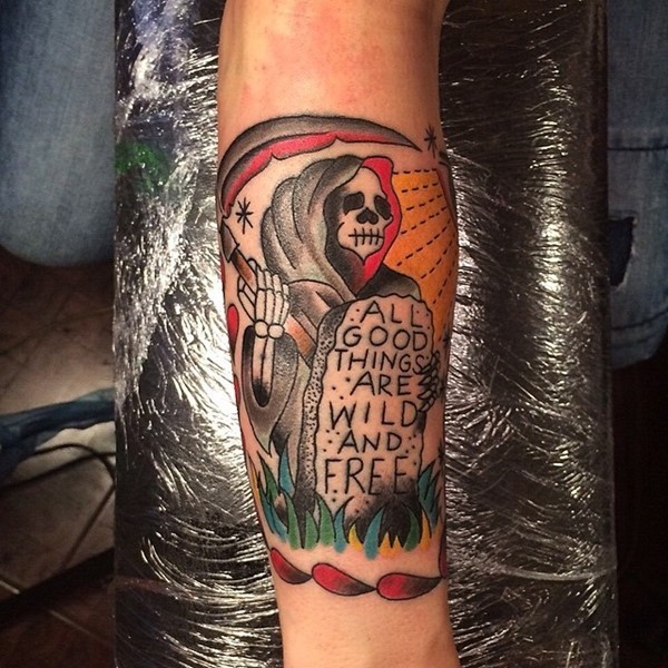 All Good Things Are Wild And Free Graveyard And Grim Reaper Tattoo On Arm