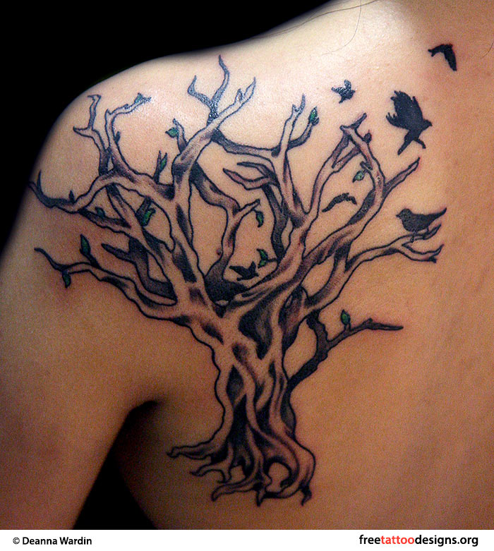 Amazing Flying Birds And Tree Tattoo On Back Shoulder