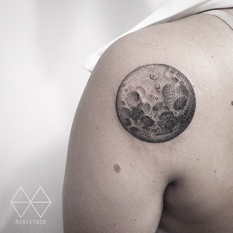 Amazing Full Moon Tattoo On Left Back Shoulder