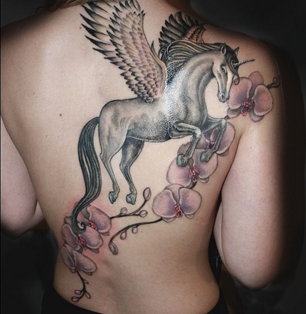 Amazing Grey Feminine Winged Unicorn Tattoo On Back
