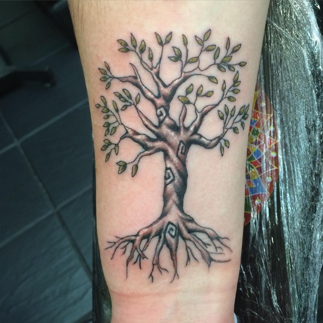 Amazing Grey Ink Tree Tattoo On Arm Sleeve