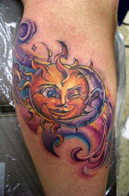 Amazing Moon And Sun Tattoo On Leg