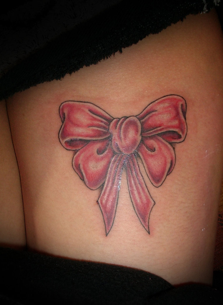 Amazing Pink Bow Tattoo On Left Thigh