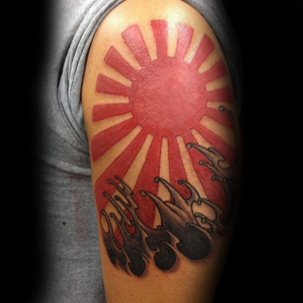 Amazing Water Waves And Rising Sun Tattoo On Left Half Sleeve