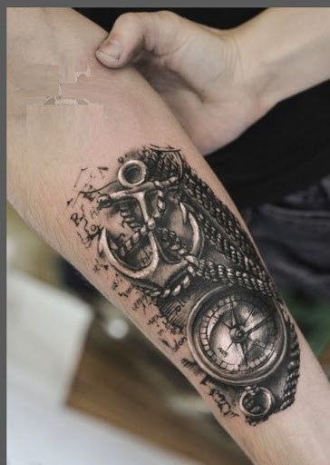 Anchor Ropes And Compass Tattoo On Arm